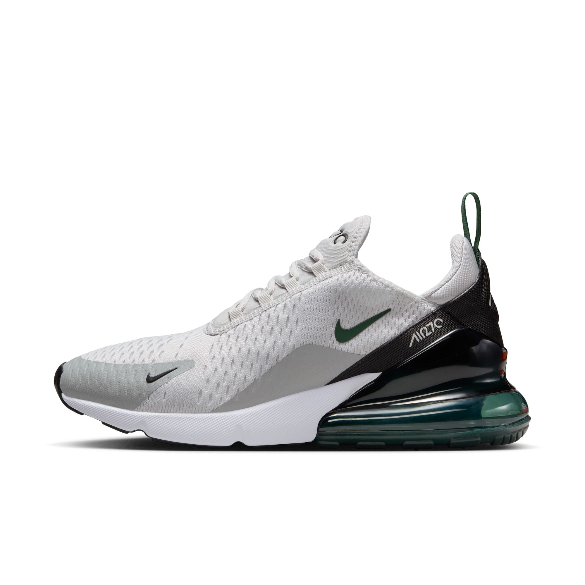 Nike Air Max 270 mens in vast grey with green accents and large visible Air heel unit