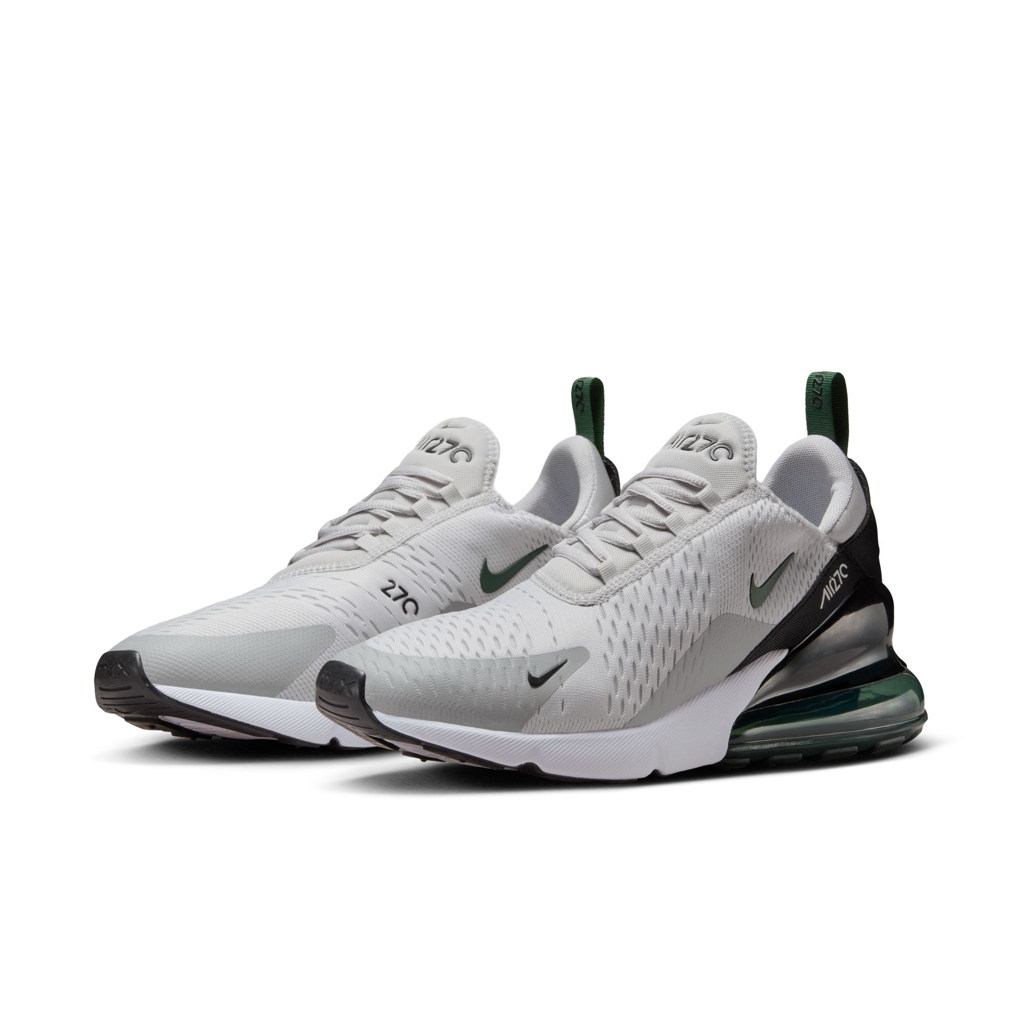 Nike Air Max 270 mens in vast grey with green accents and large visible Air heel unit