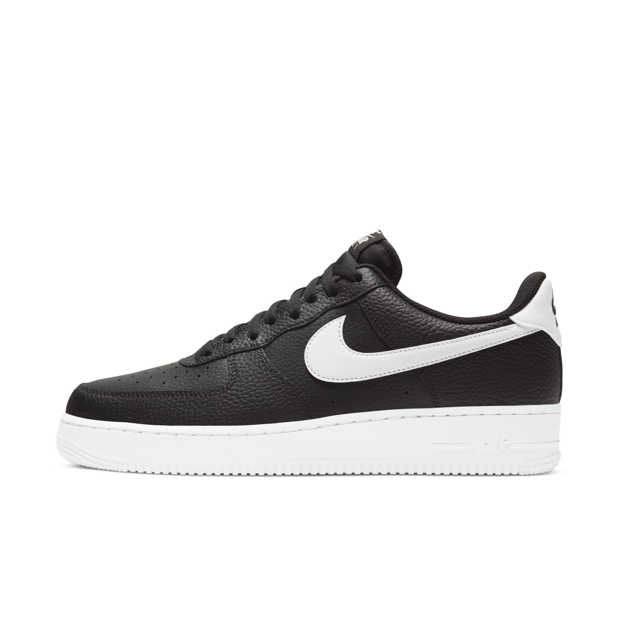Nike Air Force 1 ’07 in black leather with white Swoosh and white midsole