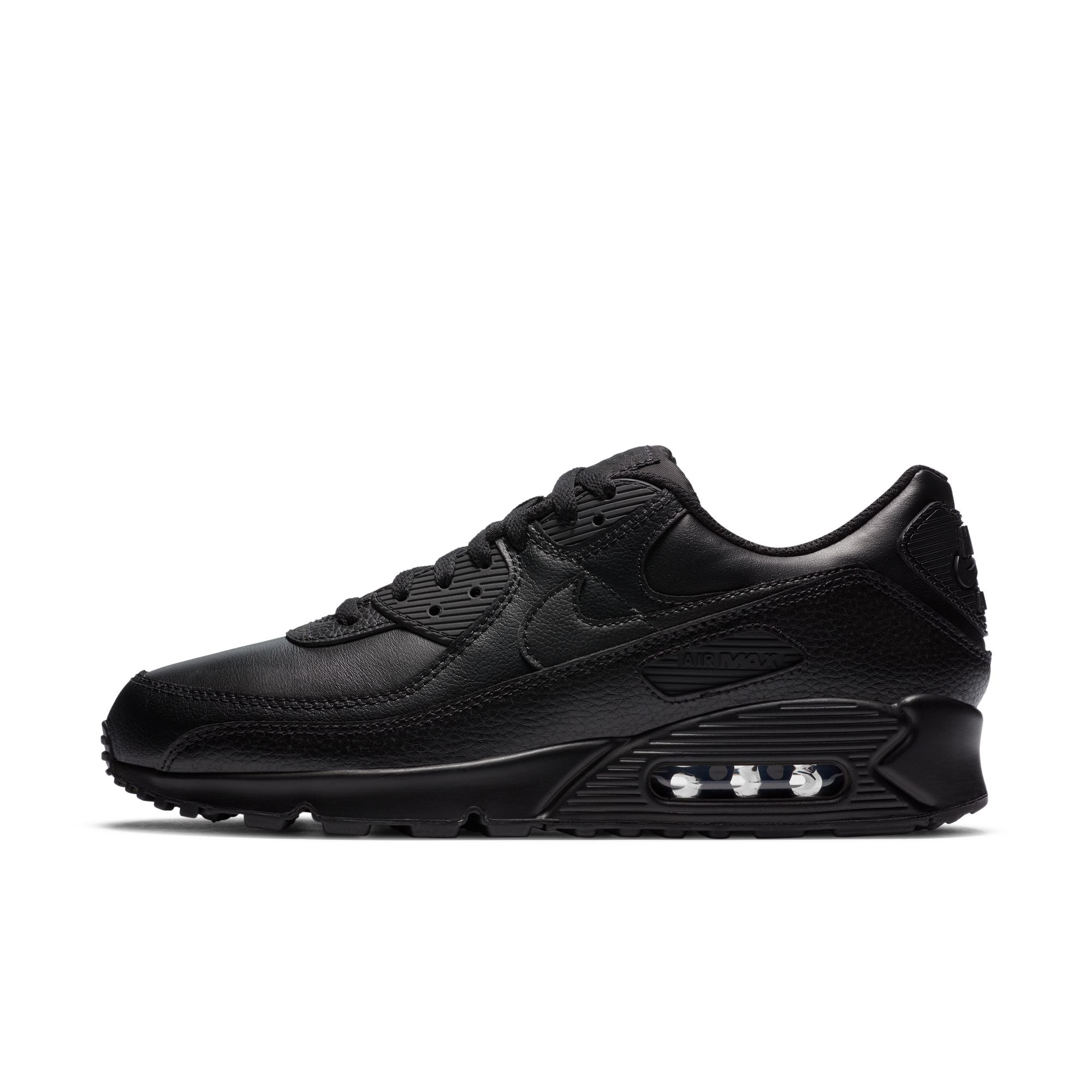 Nike Air Max 90 LTR men’s sneakers in Triple Black leather accents side view