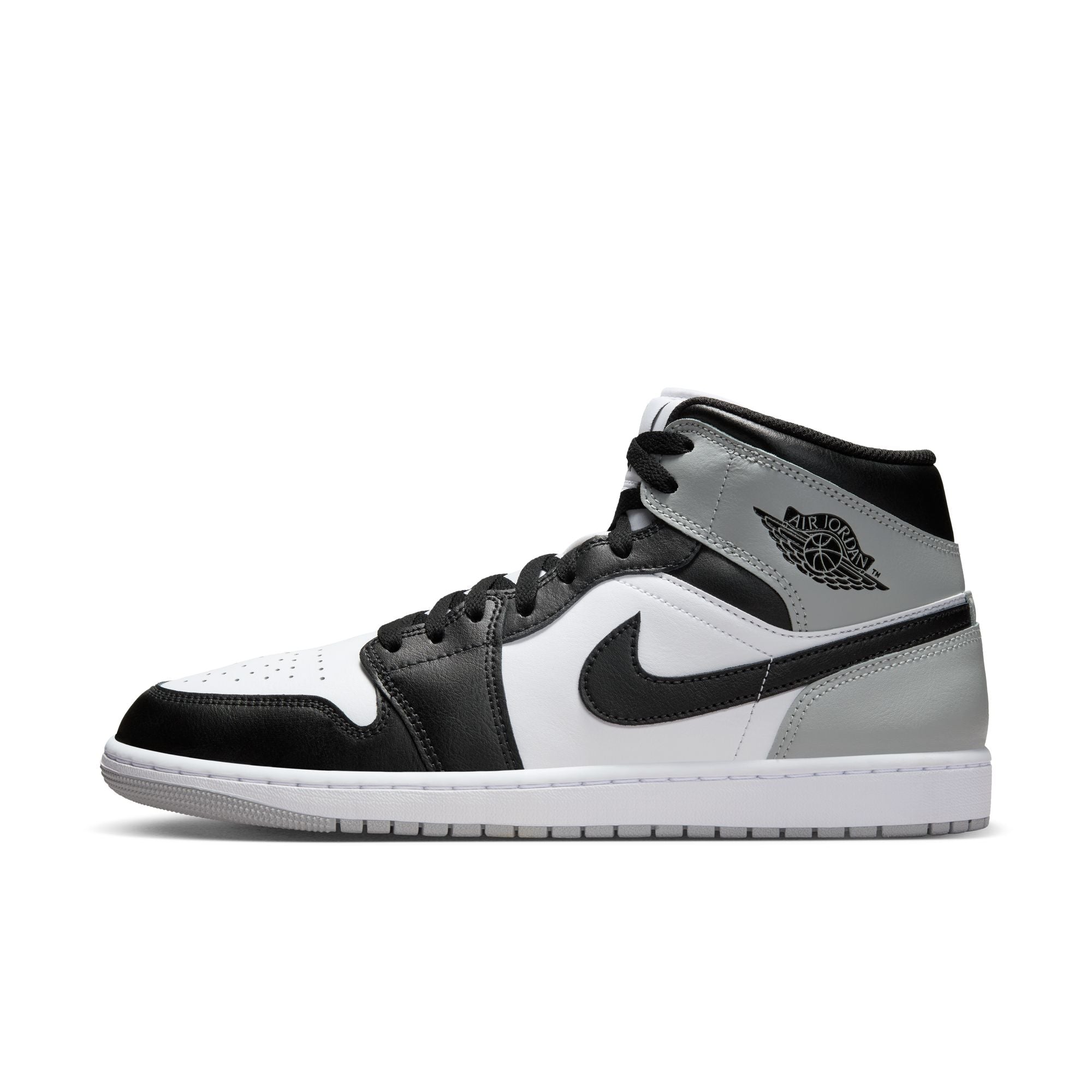 Air Jordan 1 Mid men’s sneakers in White, Black, and Smoke Grey accents side view