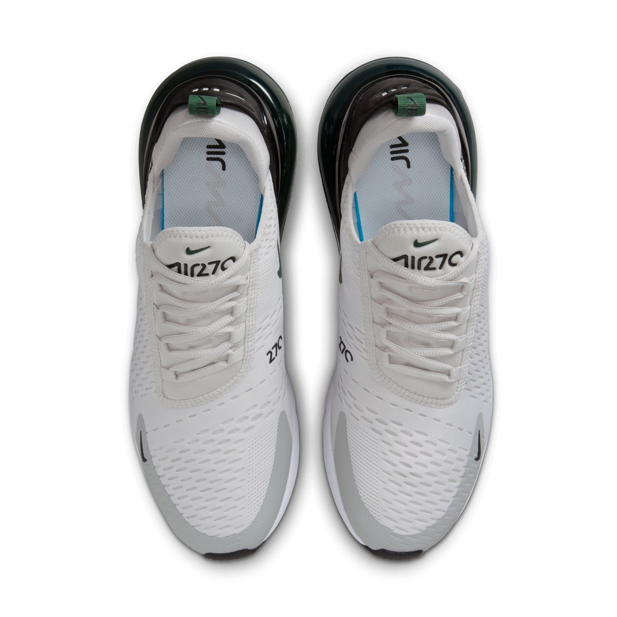 Nike Air Max 270 mens in vast grey with green accents and large visible Air heel unit