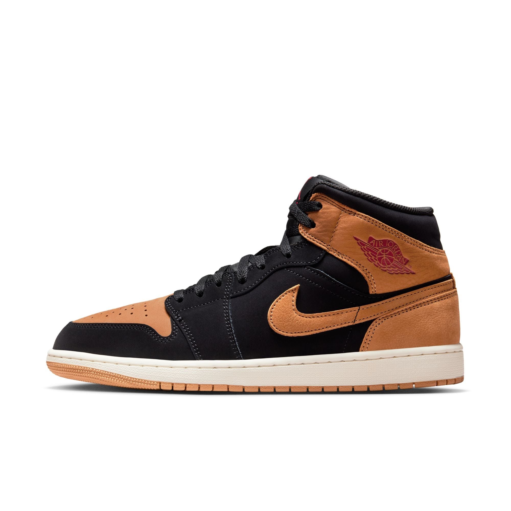 Air Jordan 1 Mid SE men’s sneakers in Black and Flax with Sail midsole accents side view