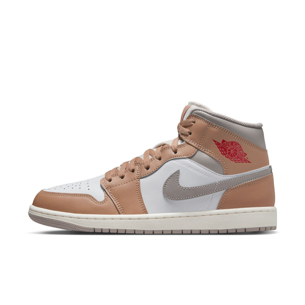 Air Jordan 1 Mid men’s sneakers in Hemp, Fire Red, White, and Grey accents side view