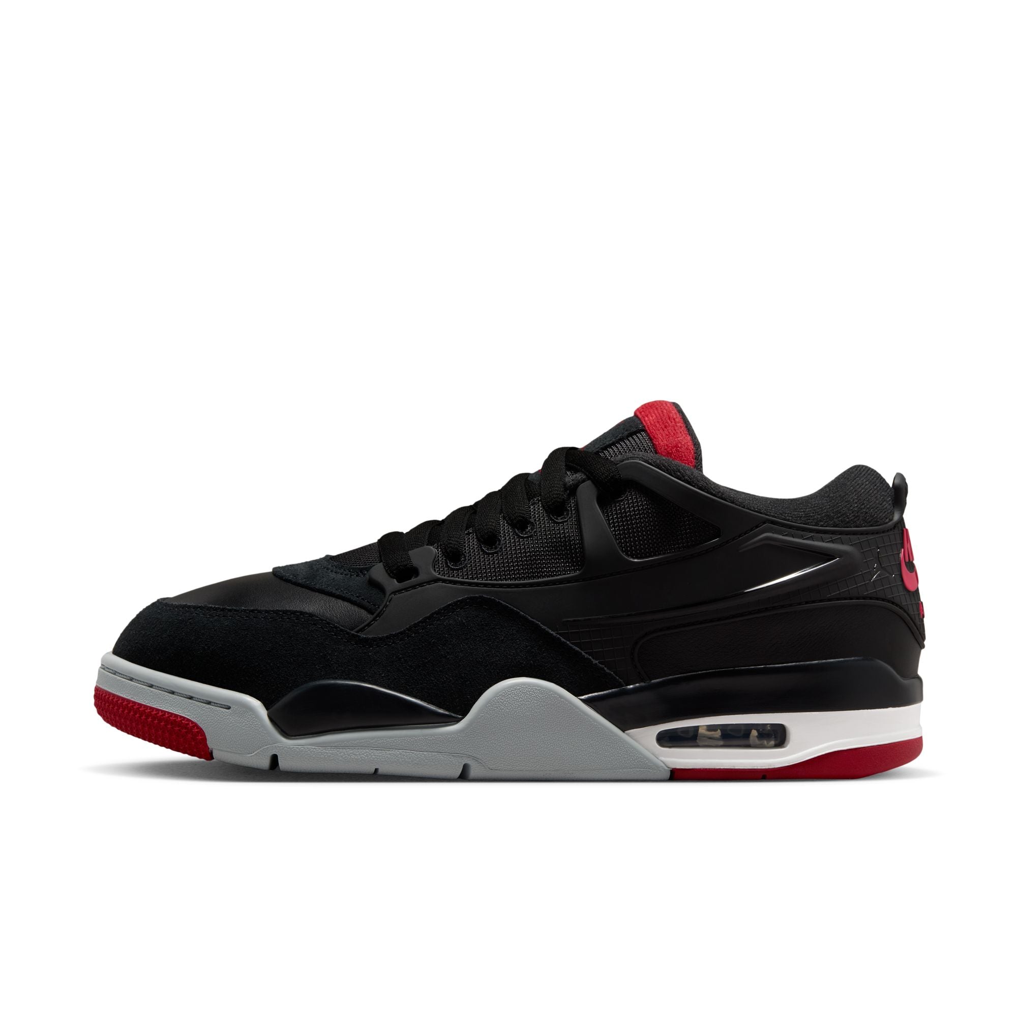 Air Jordan 4 RM men’s sneakers in Black with Varsity Red accents and visible Air unit accents side view
