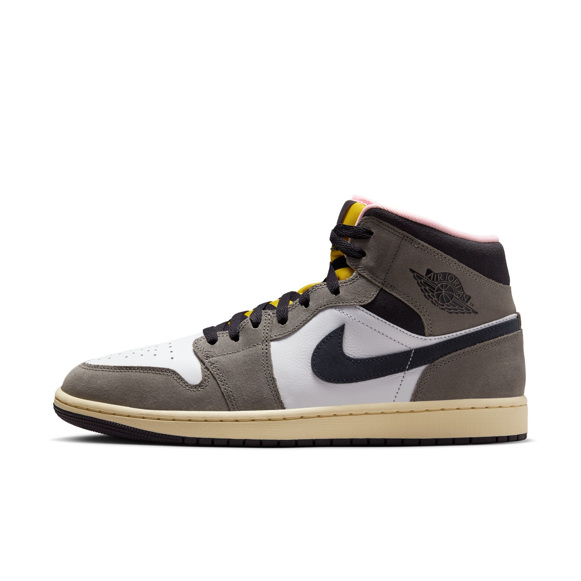 Air Jordan 1 Mid SE men’s sneakers in White, Oil Grey, Cave Stone, and Dark Sulfur accents side view