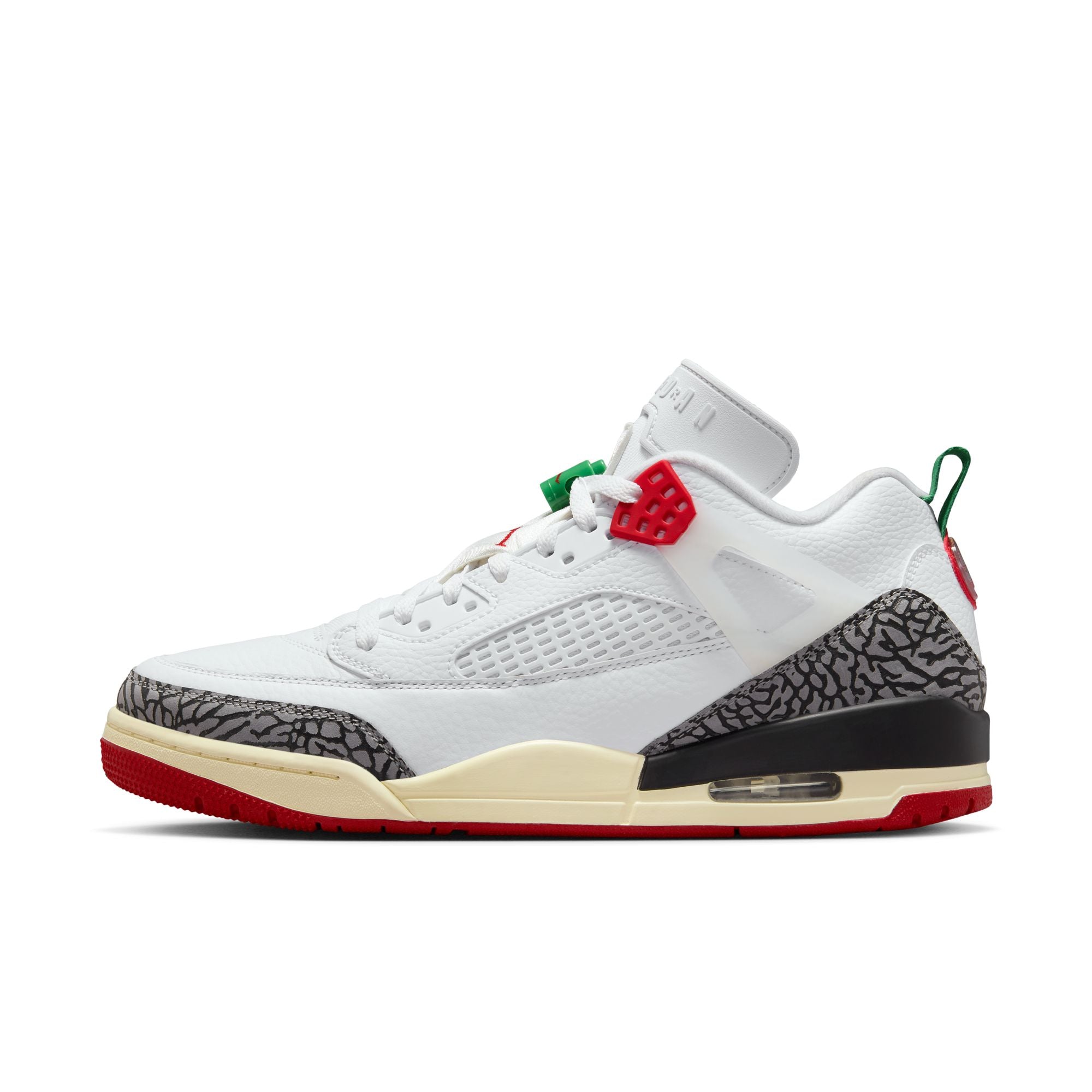 Jordan Spizike Low SE in white with varsity red accents and elephant print overlays