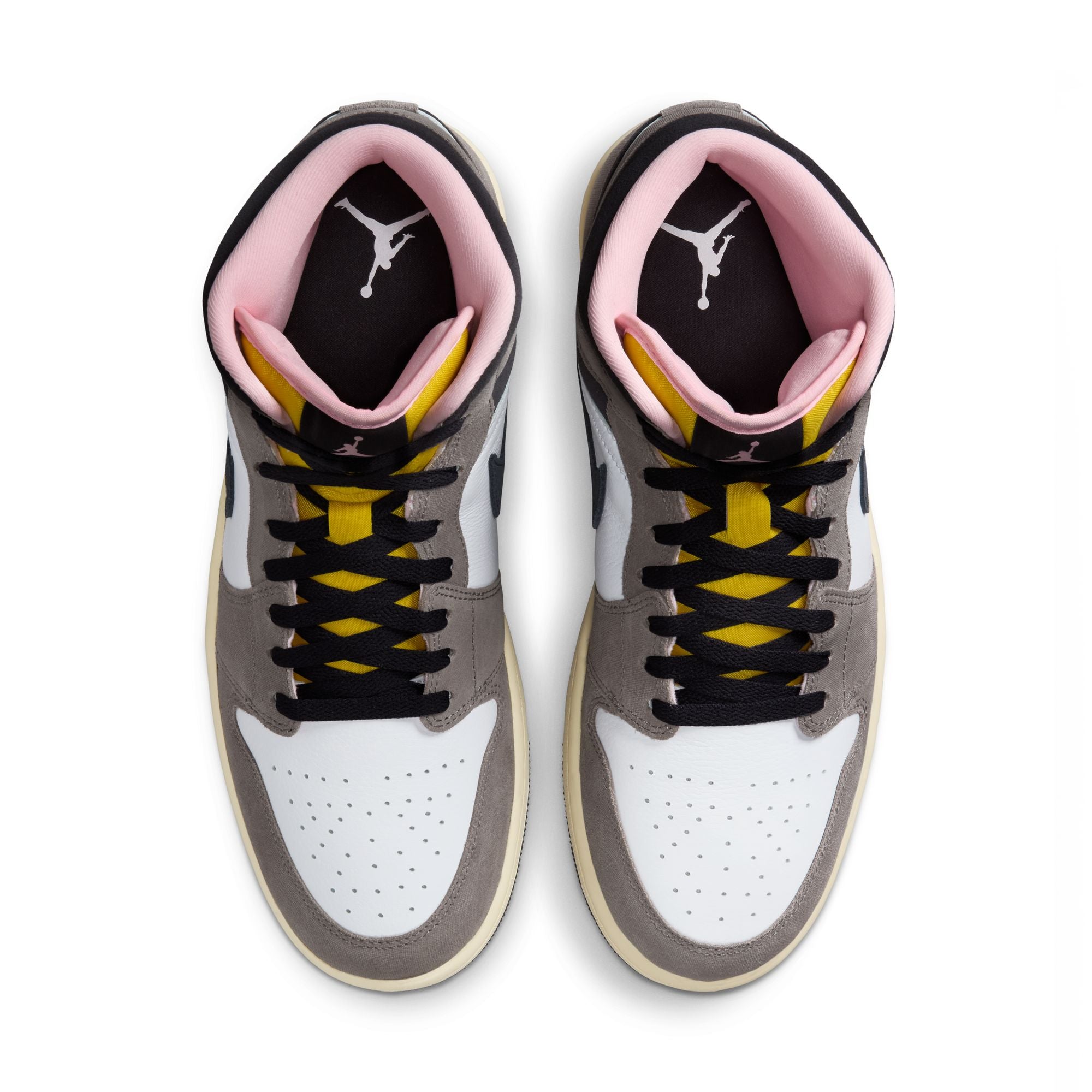 Air Jordan 1 Mid SE men’s sneakers in White, Oil Grey, Cave Stone, and Dark Sulfur top view