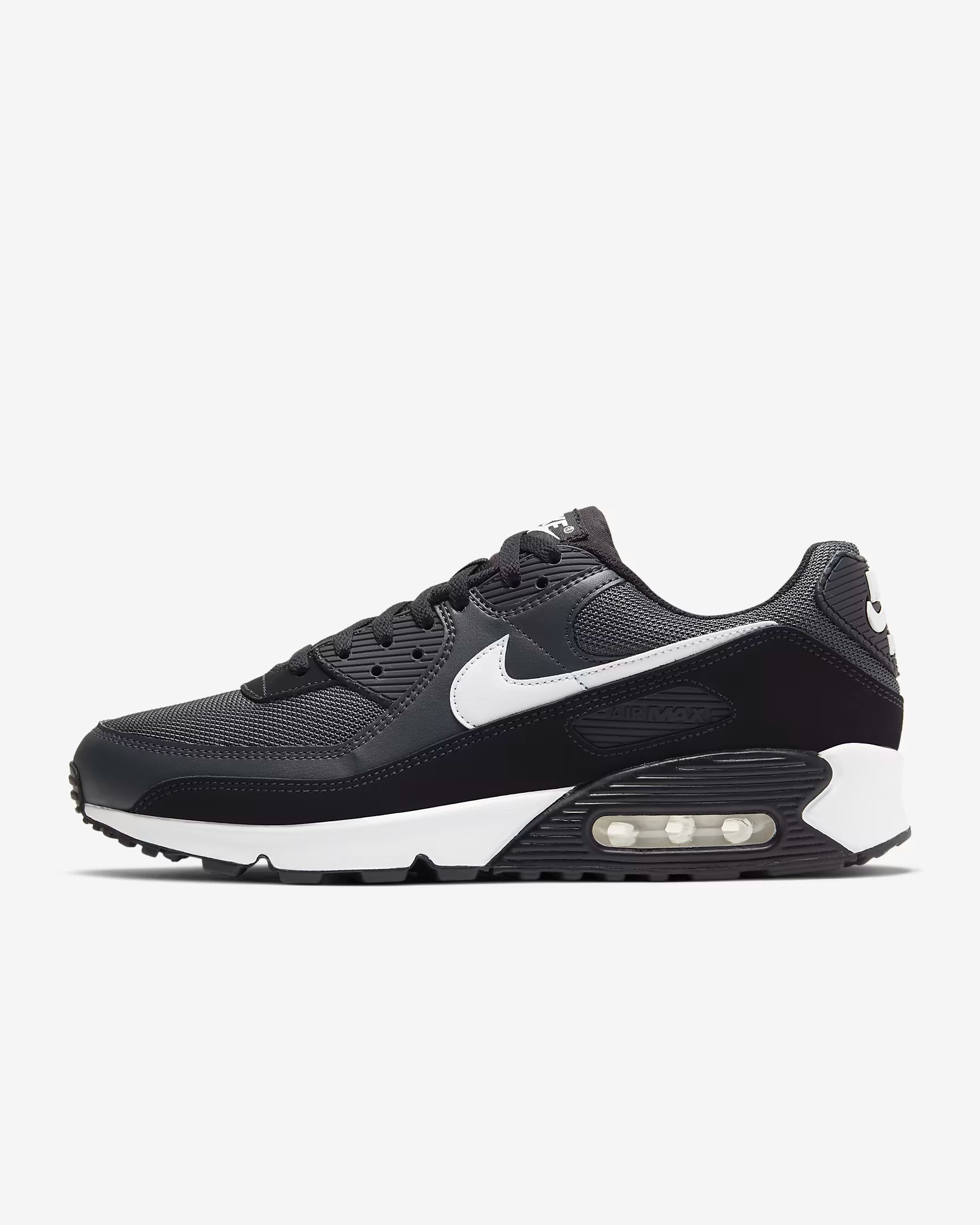 Nike Air Max 90 in iron grey with white and black accents and visible Air unit