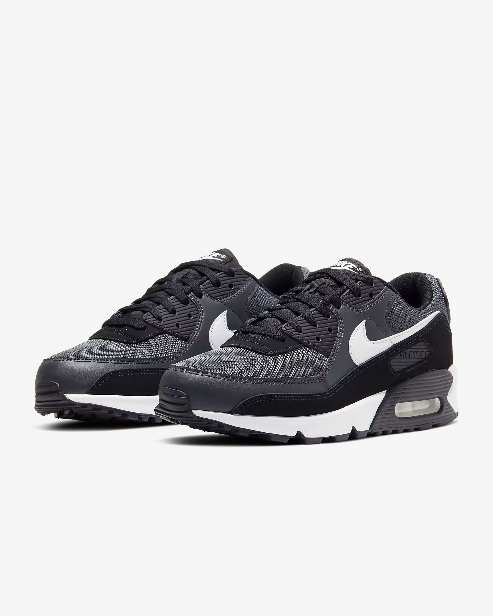 Nike Air Max 90 in iron grey with white and black accents and visible Air unit