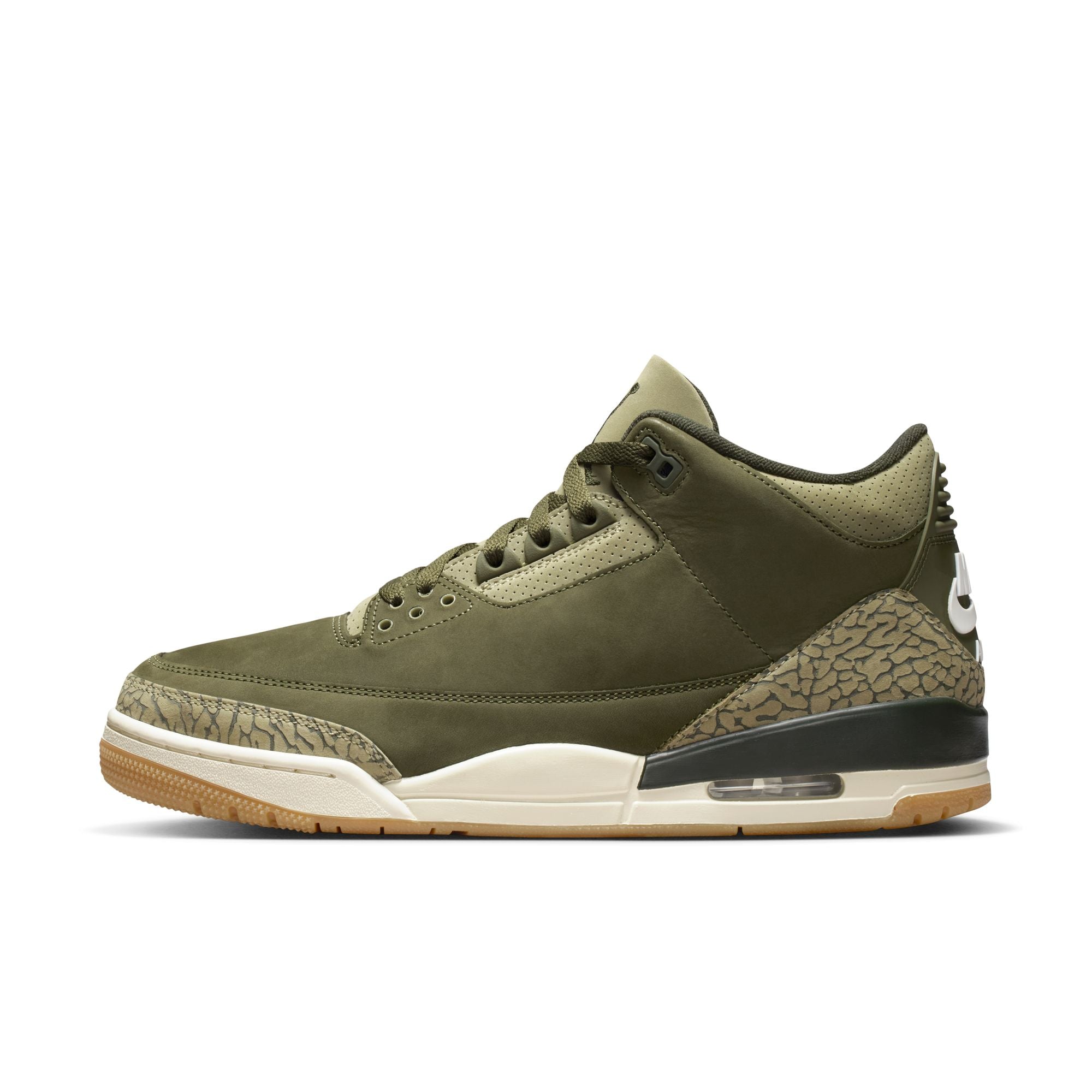 Air Jordan 3 Retro Medium Olive men’s sneakers with elephant print overlays and Sail midsole accents side view