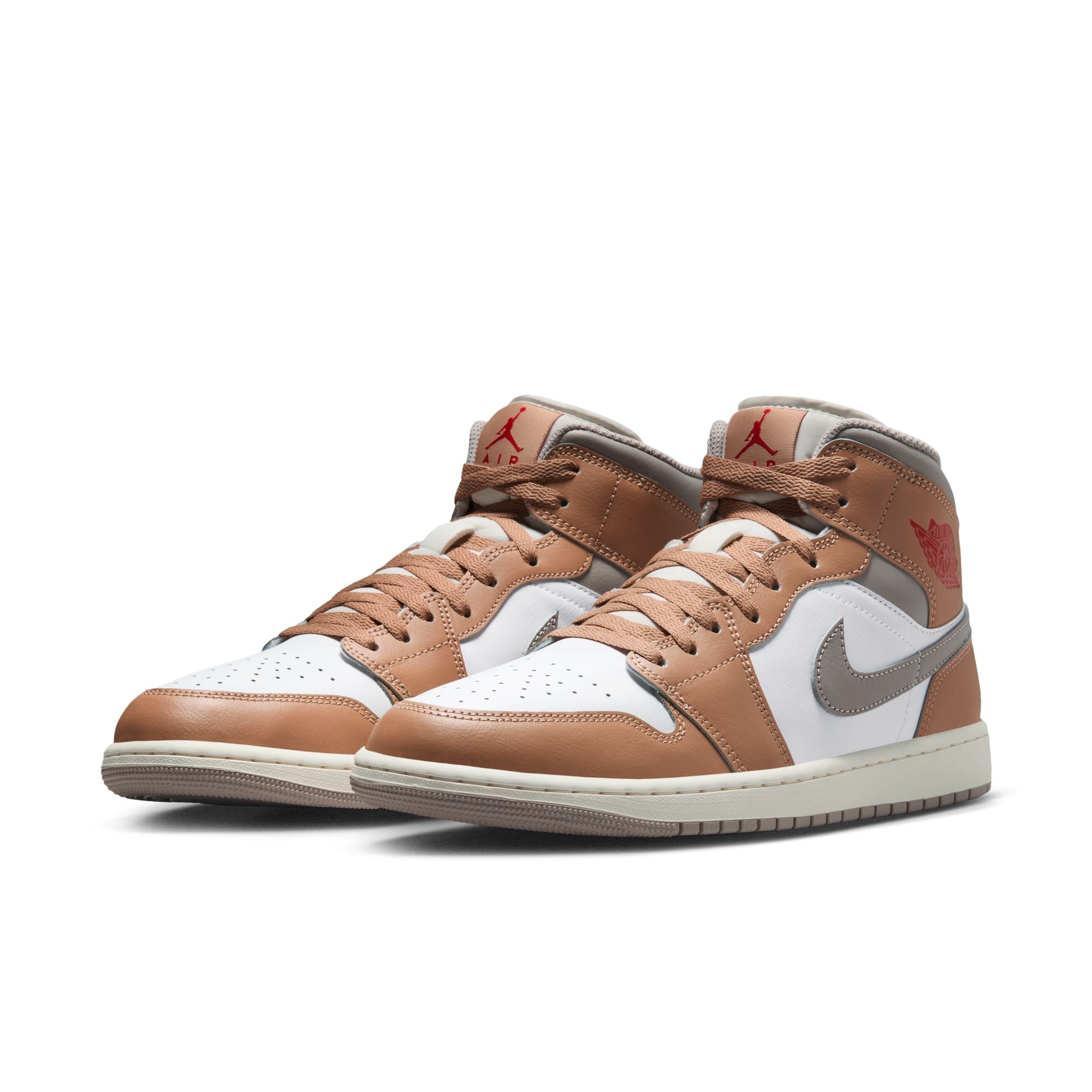 Air Jordan 1 Mid men’s sneakers in Hemp, Fire Red, White, and Grey side view