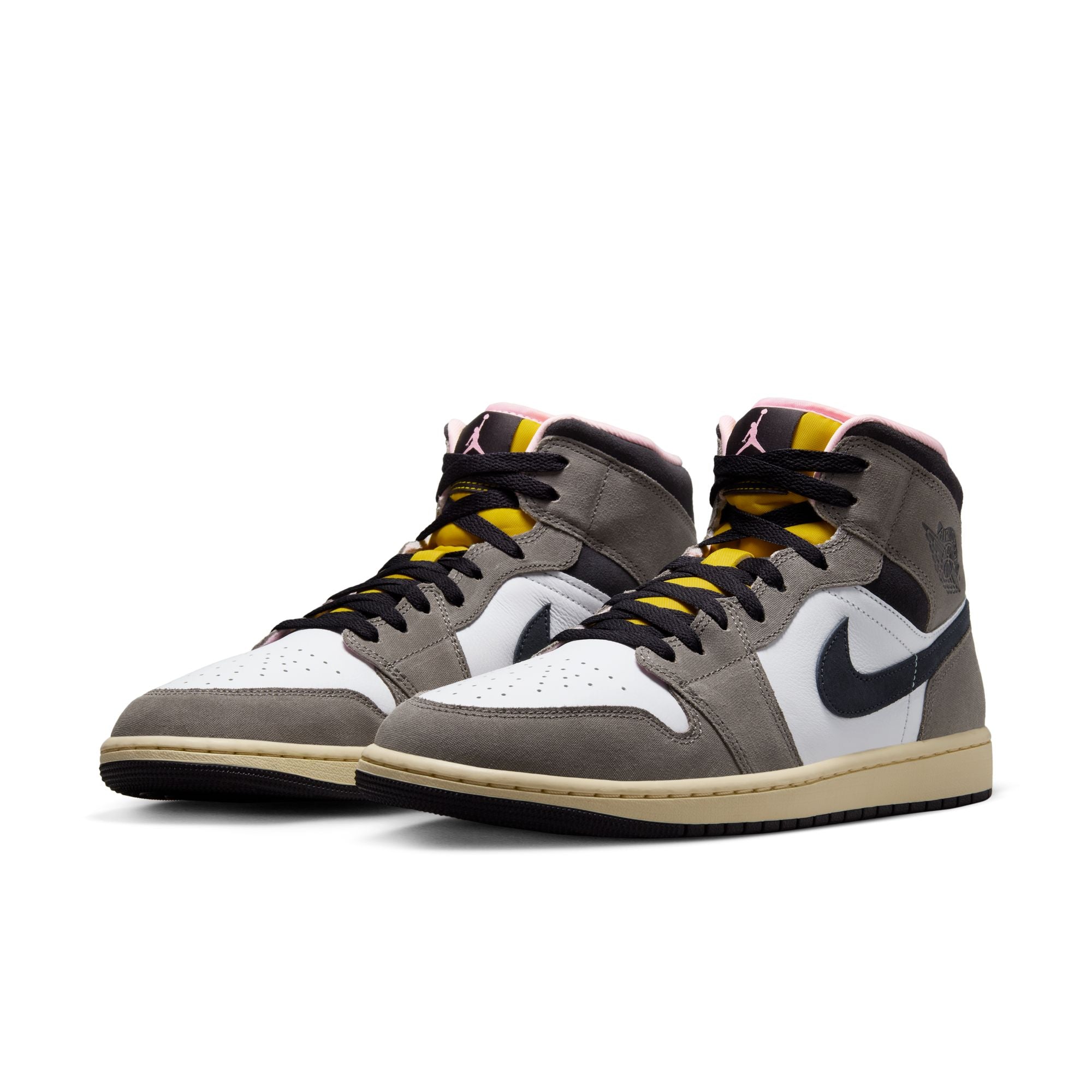 Air Jordan 1 Mid SE men’s sneakers in White, Oil Grey, Cave Stone, and Dark Sulfur side view