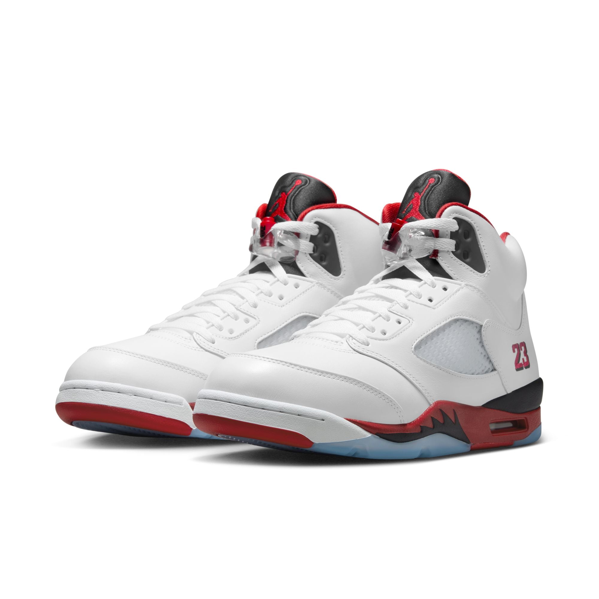 Air Jordan 5 Retro OG men’s sneakers in White with Fire Red and Black side angle view
