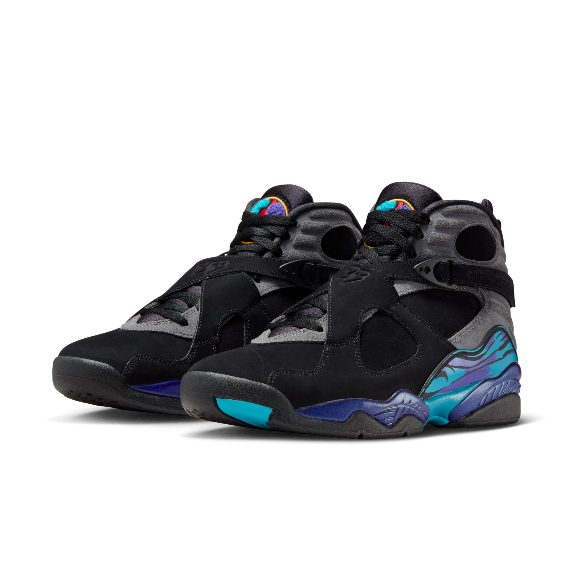 Air Jordan 8 Retro men’s sneakers in Black with teal and purple midsole accents side angle view