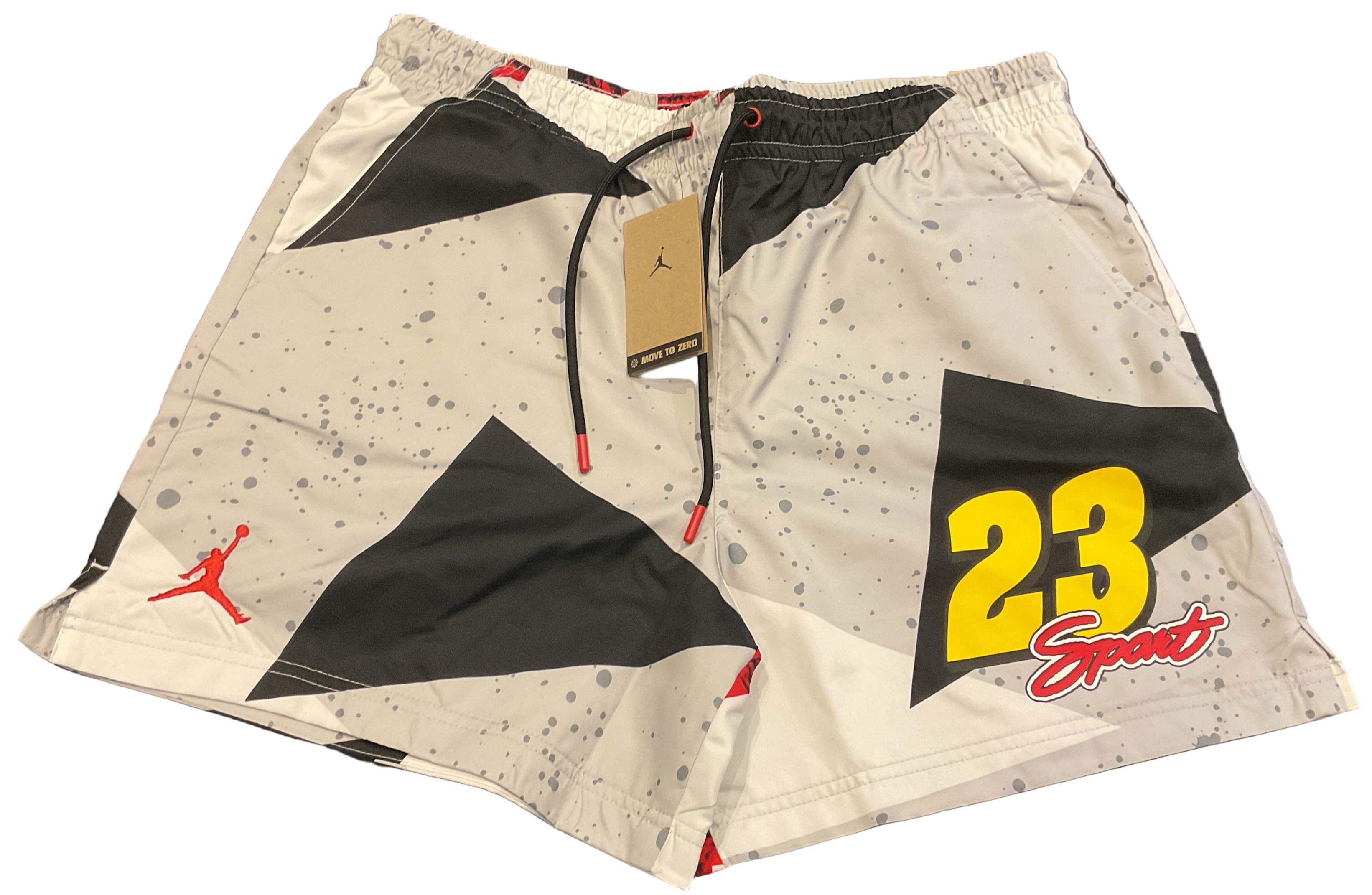 Jordan men’s Poolside Shorts in Cement Grey with Fire Red Jumpman logo and 23 Sport graphic