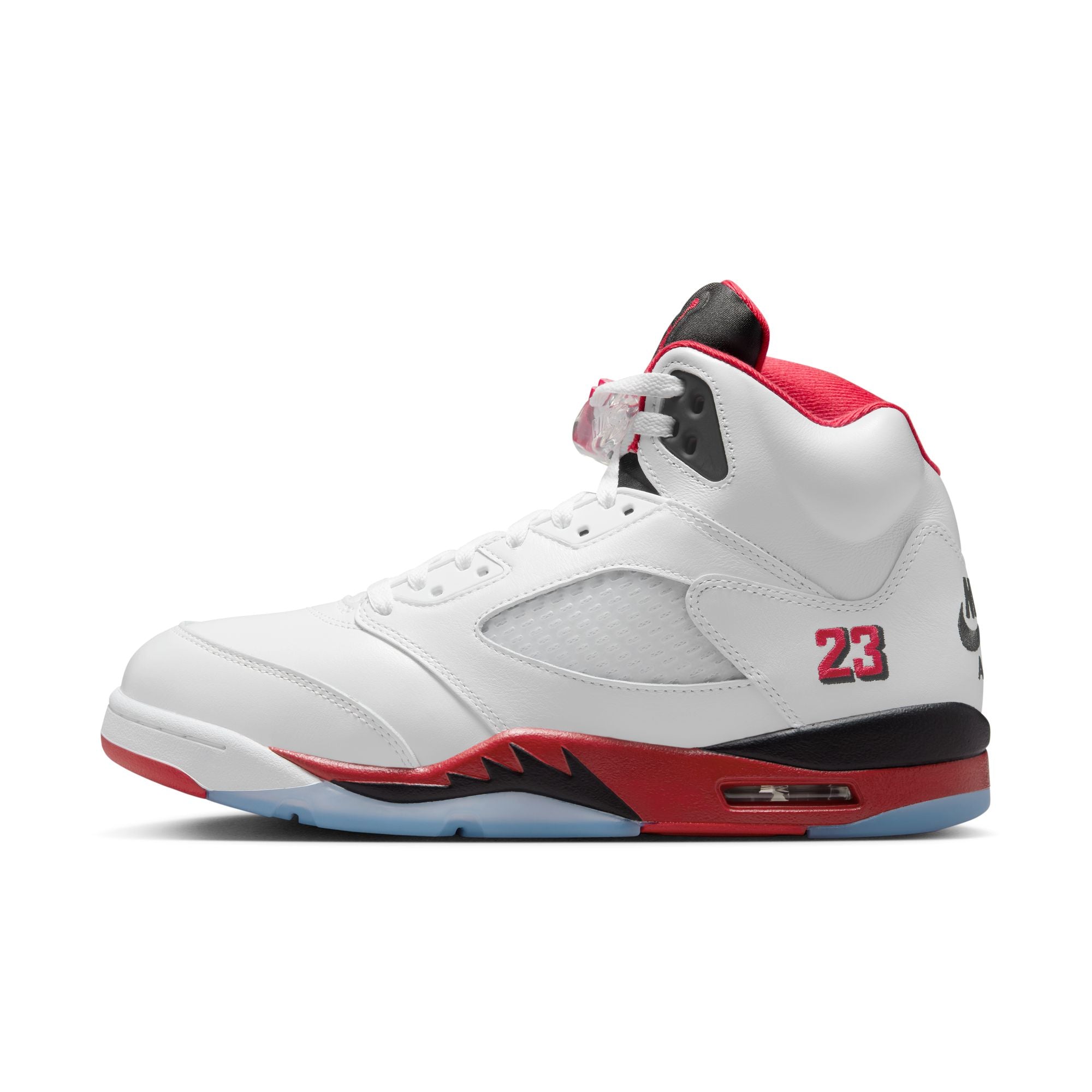 Air Jordan 5 Retro OG men’s sneakers in White with Fire Red and Black accents side view
