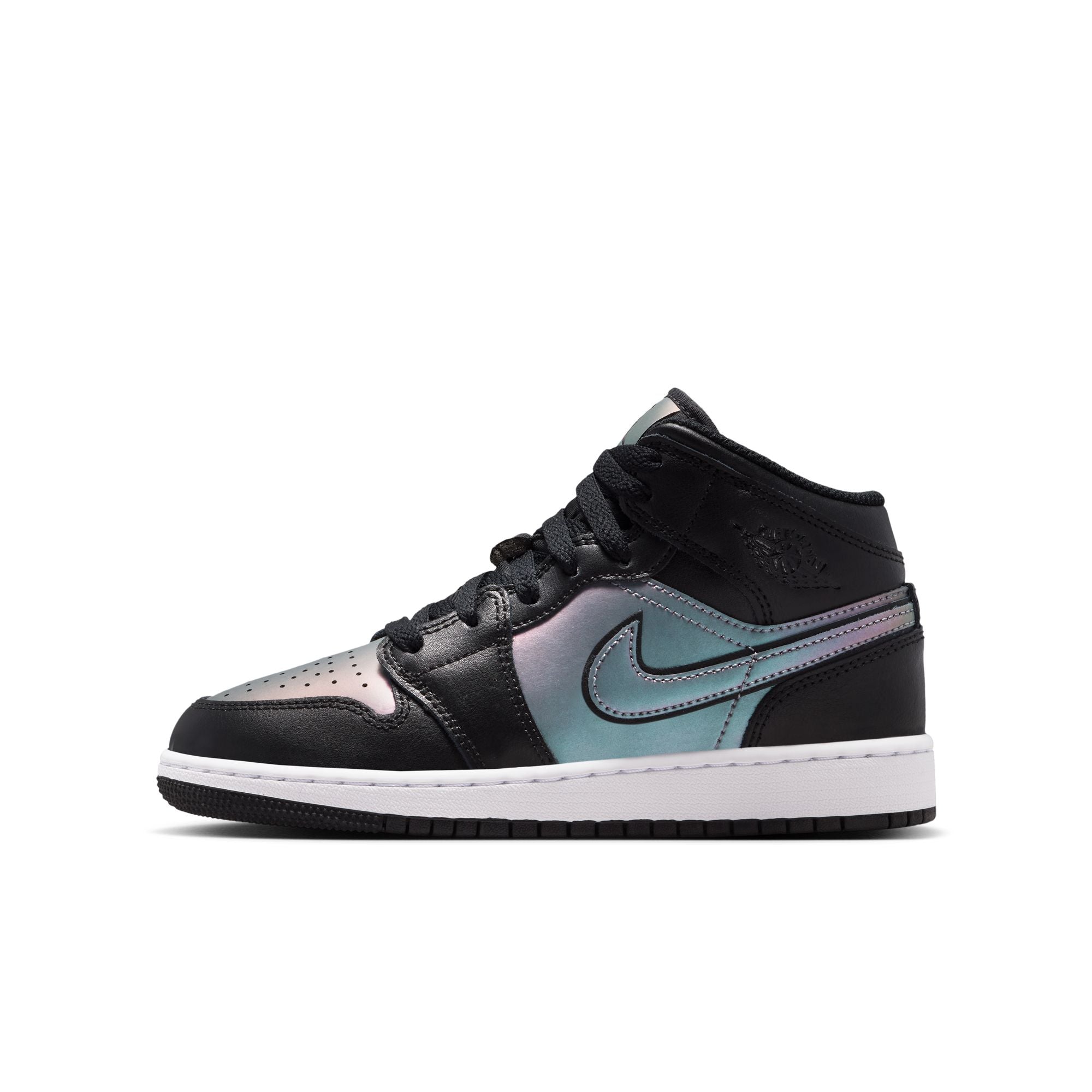 Air Jordan 1 Mid SE GS sneakers in Black and White colorway accents side view
