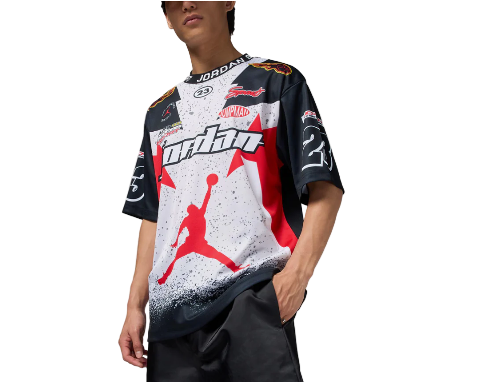 Jordan Essentials Sport Tee men’s Neutral Grey Black Fire Red with oversized Jumpman graphic