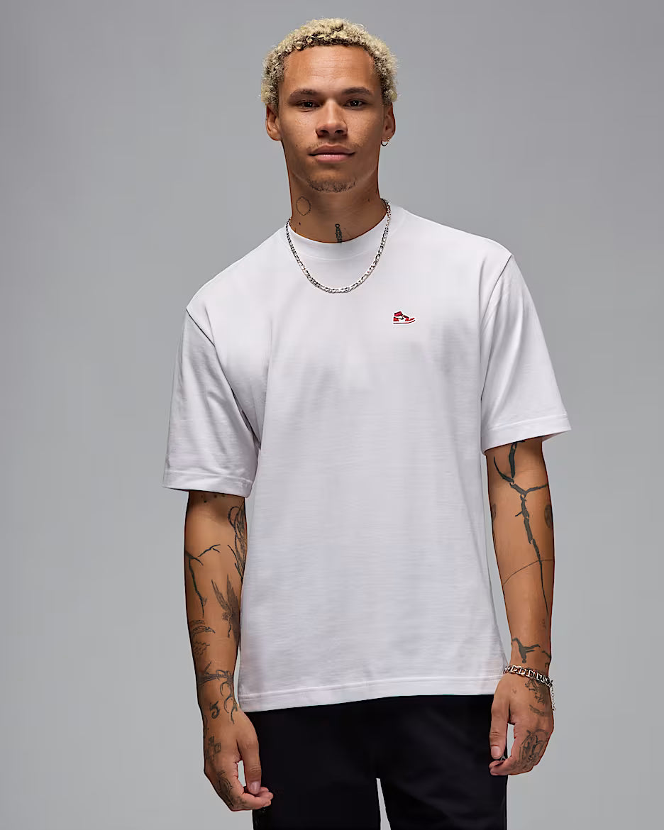 Jordan Sneaker Patch Tee in white with small embroidered sneaker logo on chest