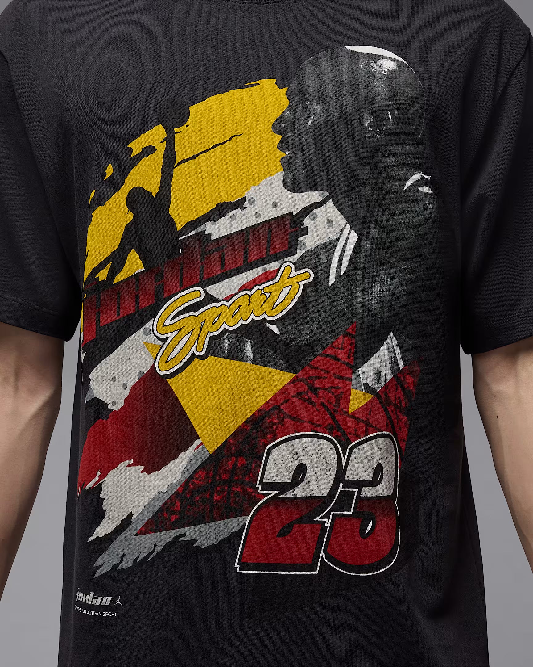 Jordan men’s black graphic t-shirt with red and gold design and number 23 detail