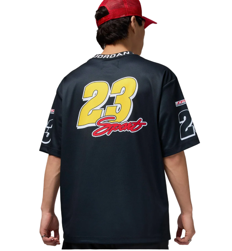 Jordan Essentials Sport Tee men’s Neutral Grey Black Fire Red with oversized Jumpman graphic