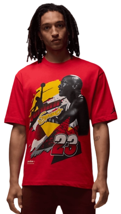 Jordan men’s Fire Red graphic t-shirt with black and gold design and number 23 detail