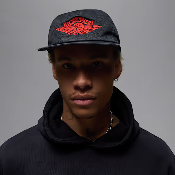 Jordan Pro Rare Air Strapback in Black with red embroidered Air Jordan Wings logo