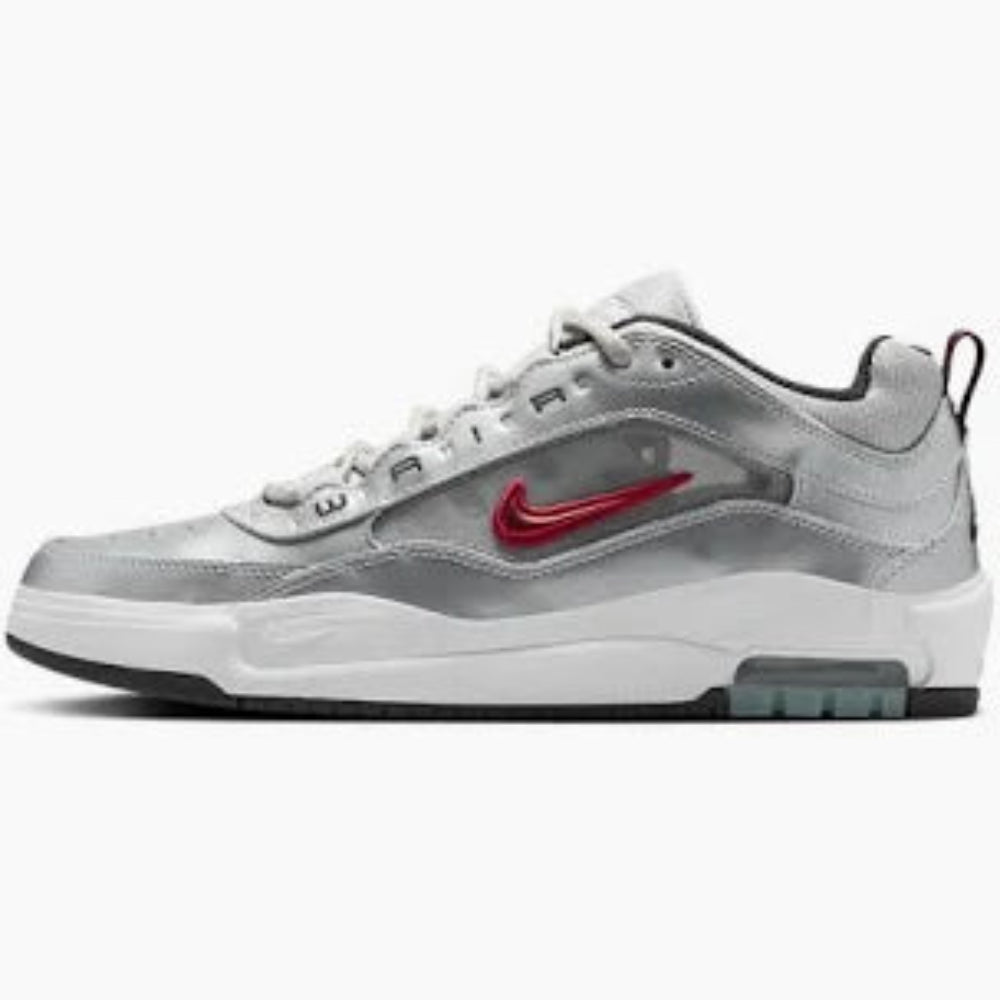 Nike Air Max Ishod PRM in metallic silver with varsity red accents and visible Air unit