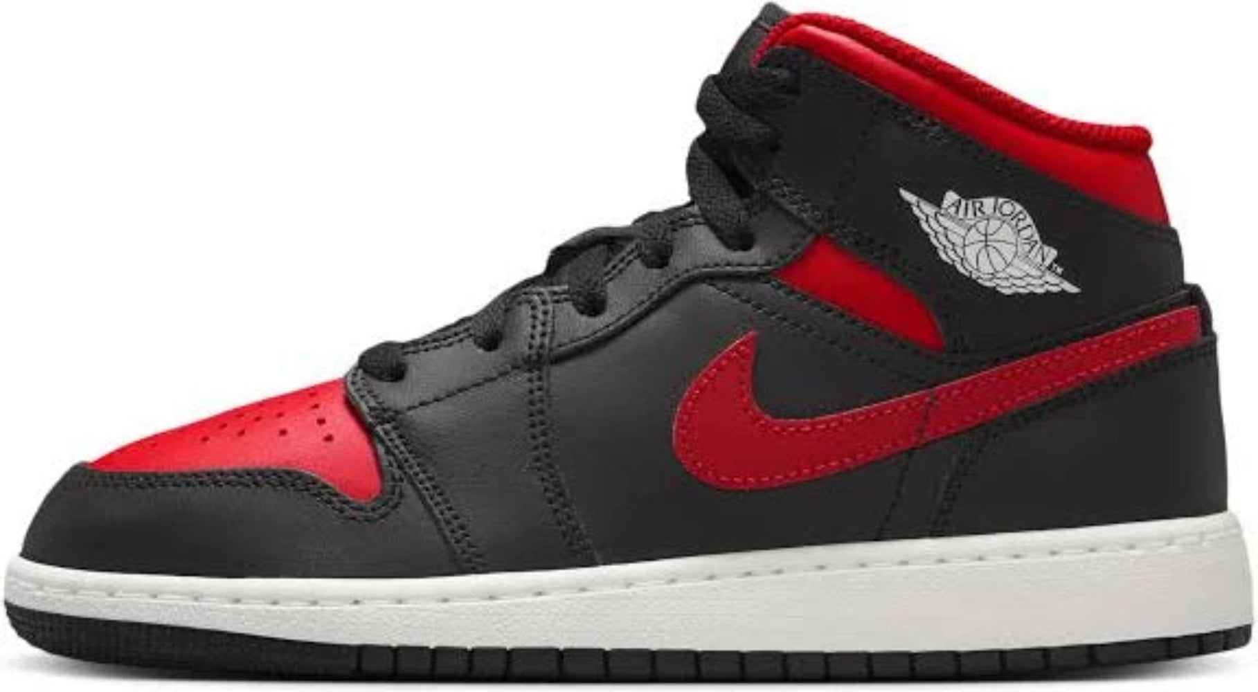 Air Jordan 1 Mid men’s sneakers in Black and Varsity Red with Summit White midsole accents side view