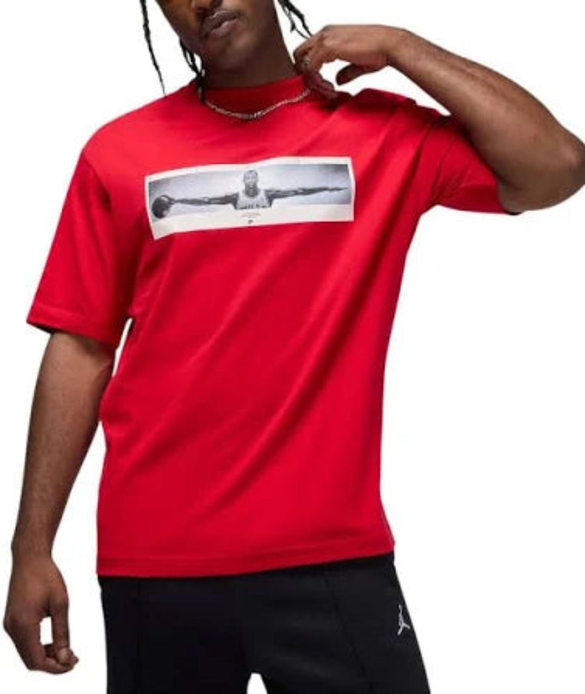 Jordan Wings short sleeve tee in red with black and white Wings graphic across chest