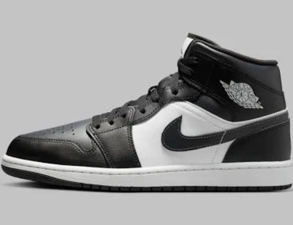 Air Jordan 1 Mid men’s sneakers in Black, Off Noir, and Summit White accents side view
