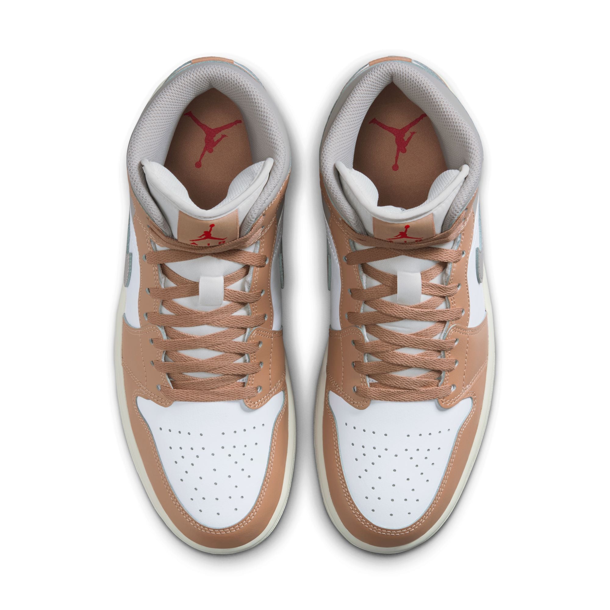 Air Jordan 1 Mid men’s sneakers in Hemp, Fire Red, White, and Grey top view