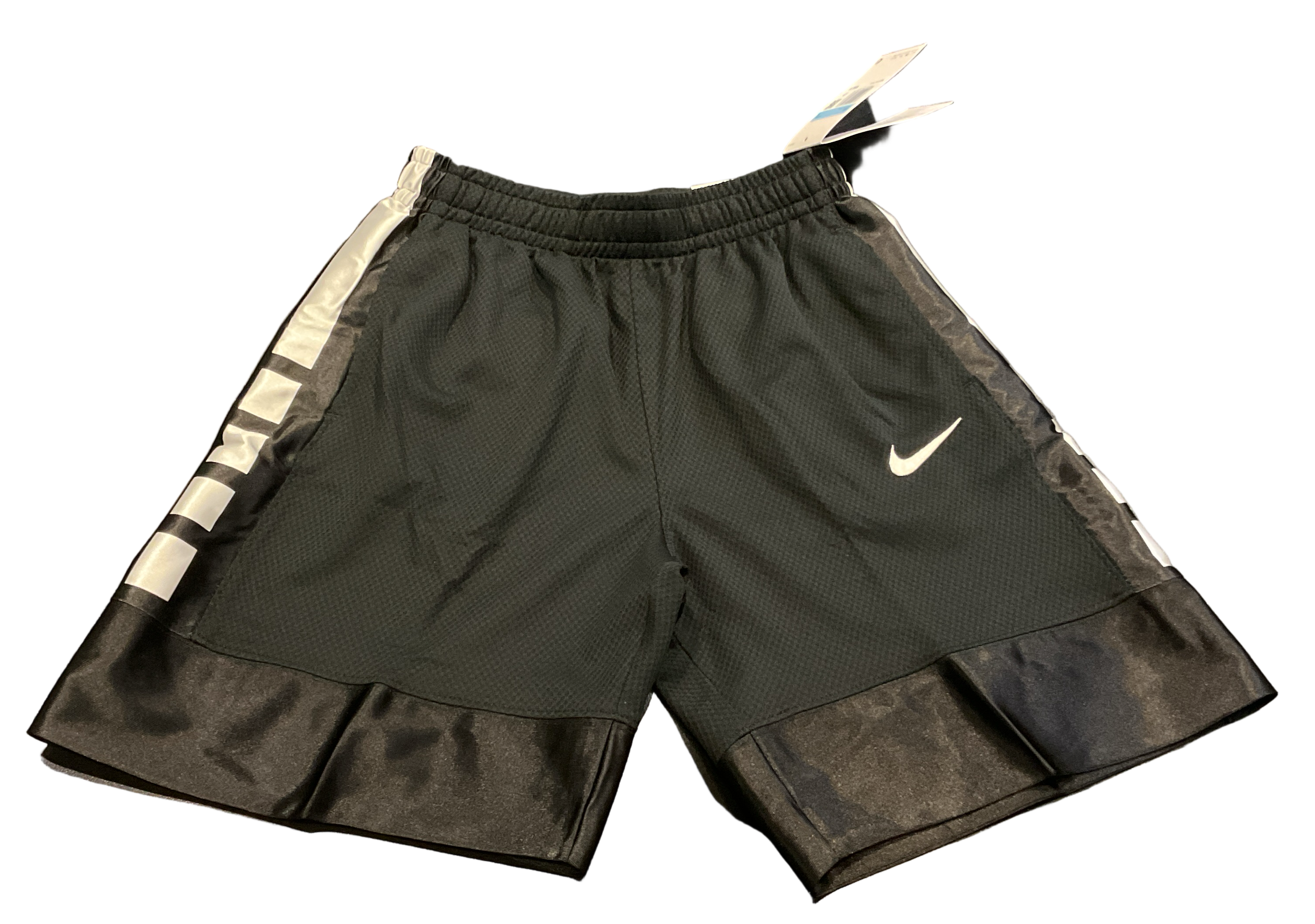 Nike kids black athletic shorts with white Swoosh logo and side detailing