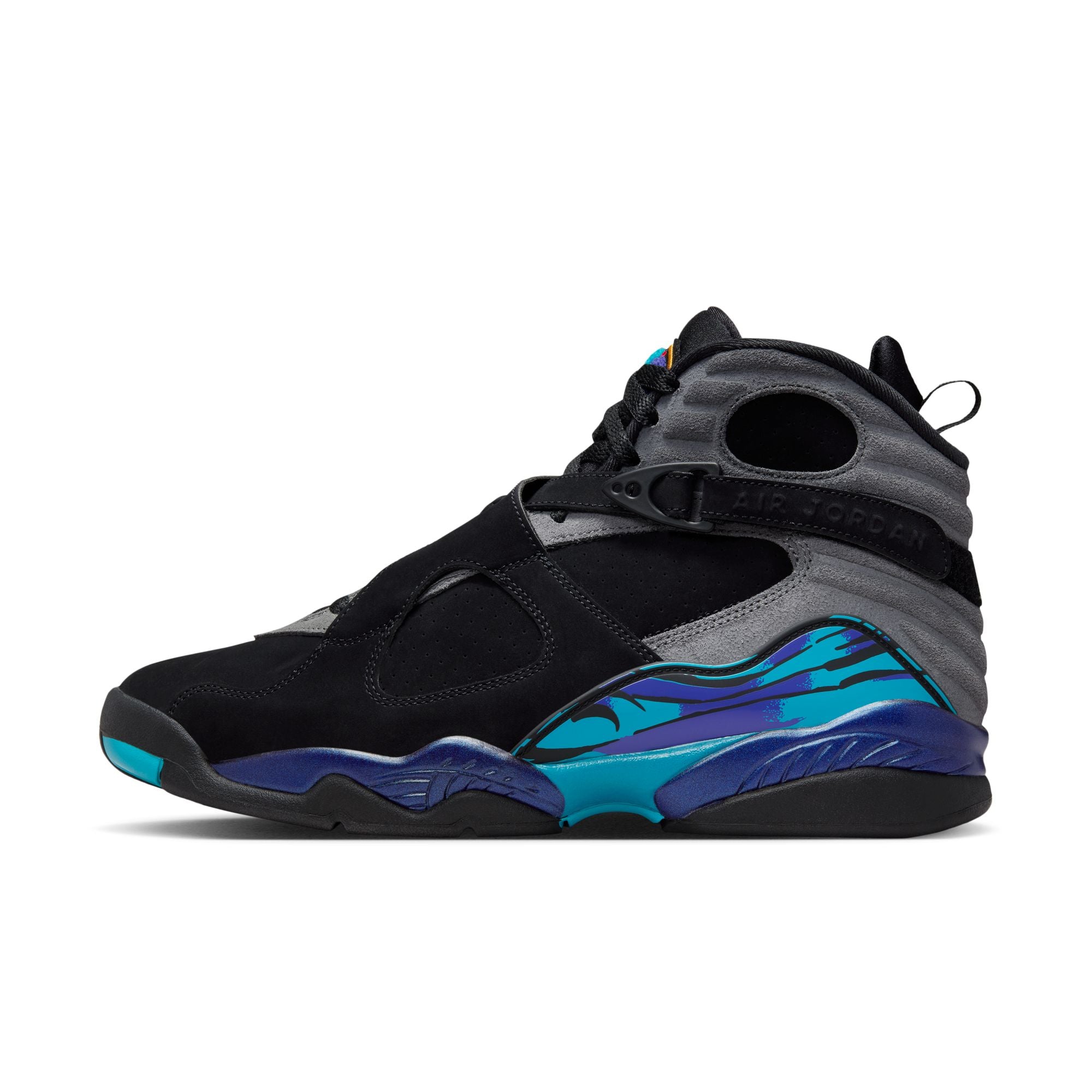 Air Jordan 8 Retro men’s sneakers in Black with teal and purple midsole side angle view