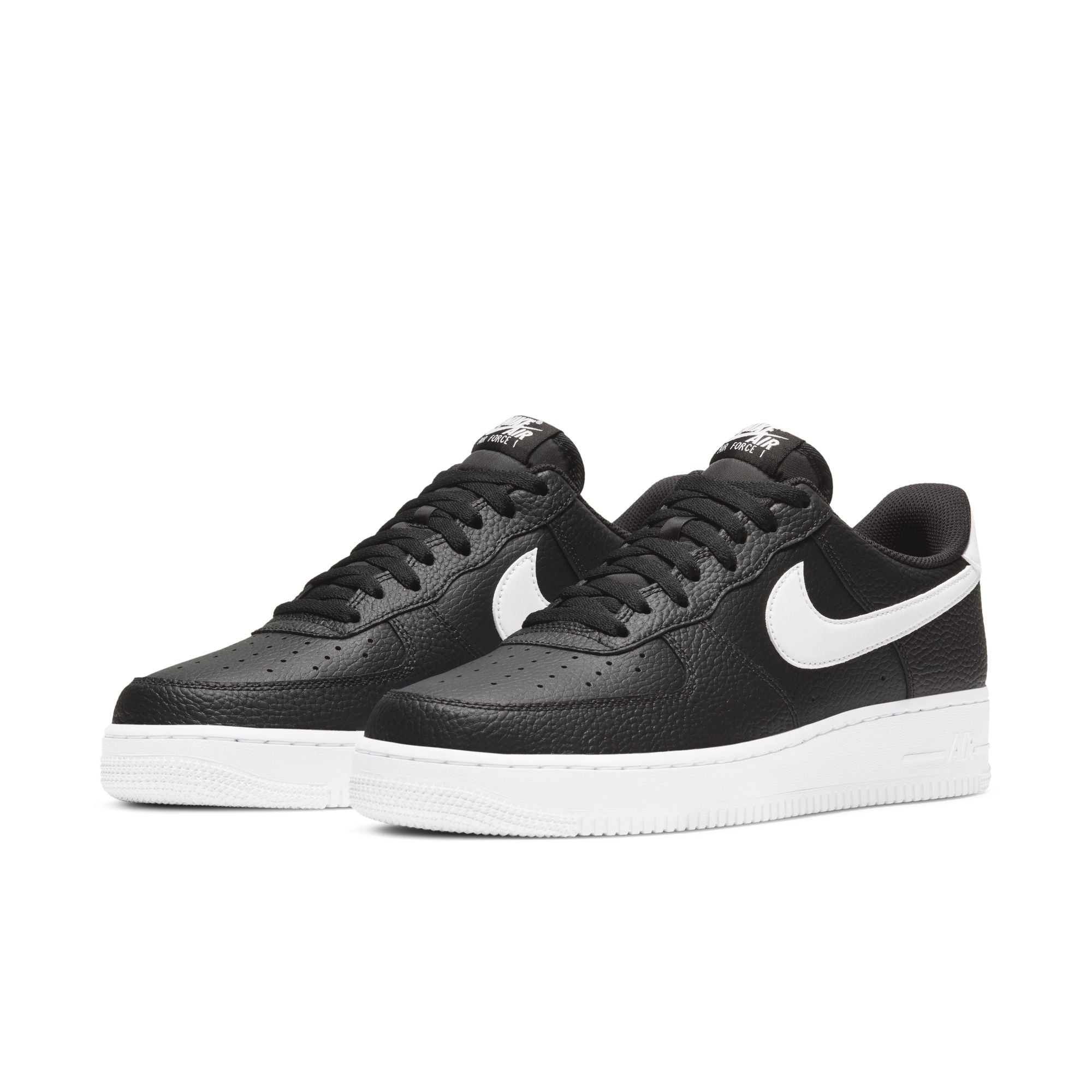 Nike Air Force 1 ’07 in black leather with white Swoosh and white midsole