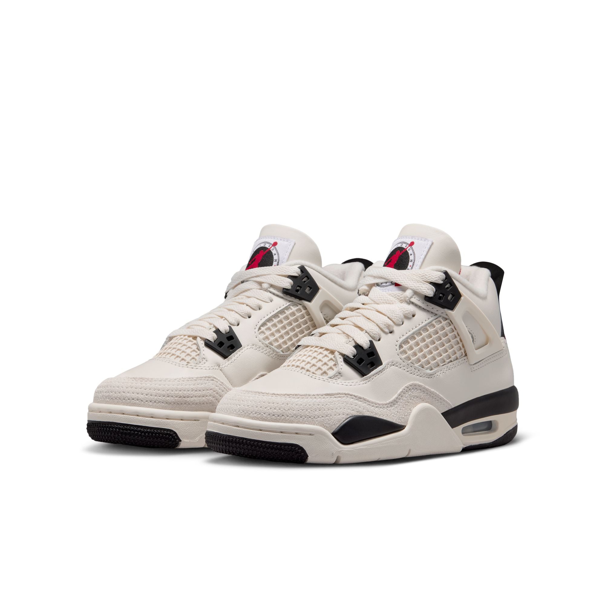 Air Jordan 4 Retro Flight Club GS sneakers in Sail with black and red accents side angle view