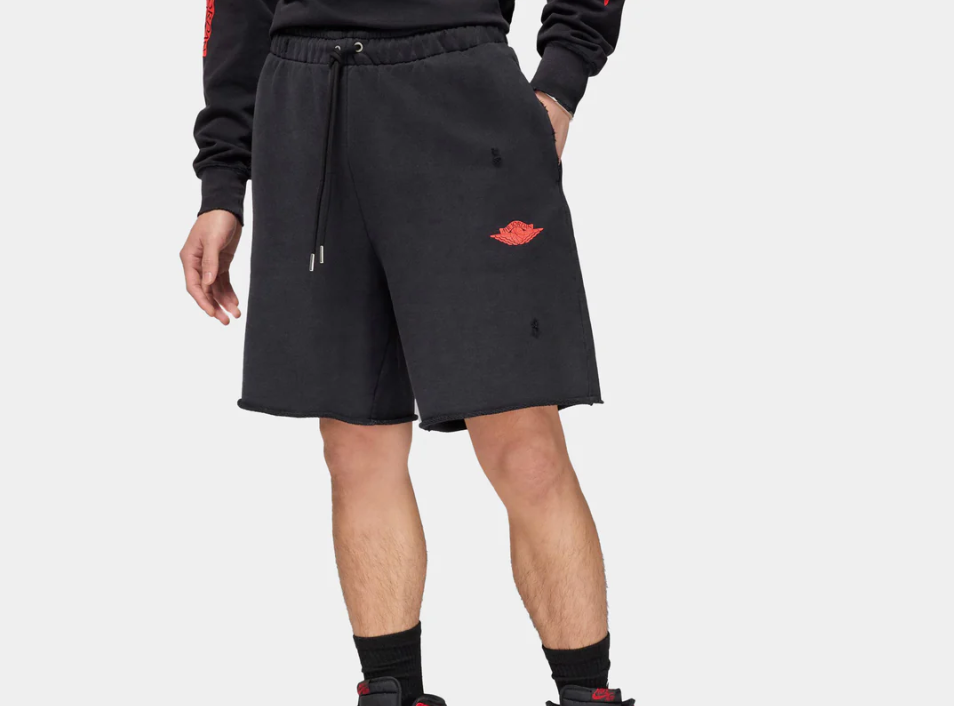 Air Jordan Rare Air men’s fleece shorts in Black with Chile Red Wings logo front view