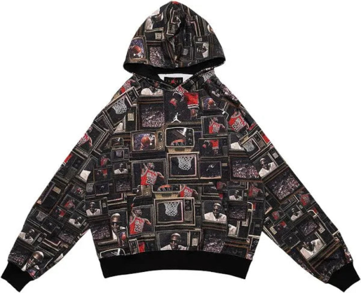 Jordan Brooklyn Printed Hoodie men’s Black Sail Multi with all-over vintage basketball collage print
