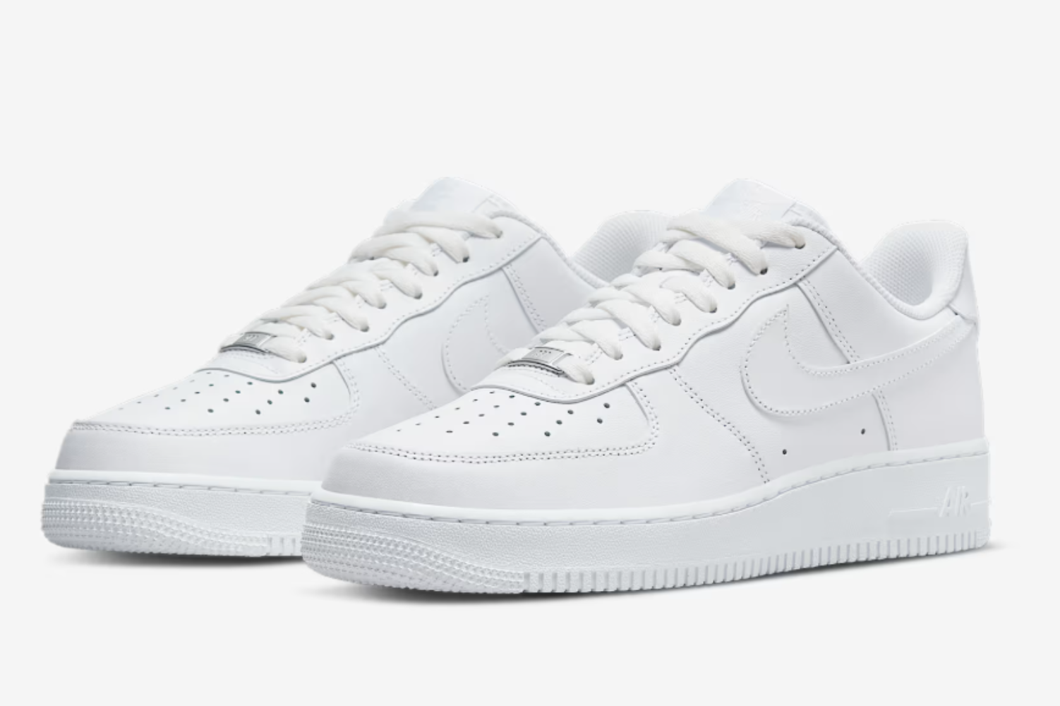 Nike Air Force 1 ’07 all white leather sneaker with white Swoosh and midsole
