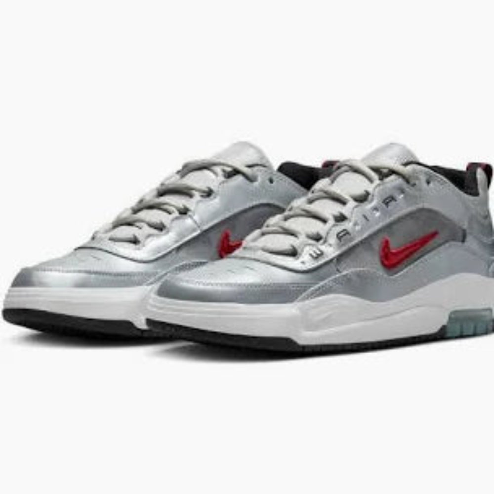 Nike Air Max Ishod PRM in metallic silver with varsity red accents and visible Air unit